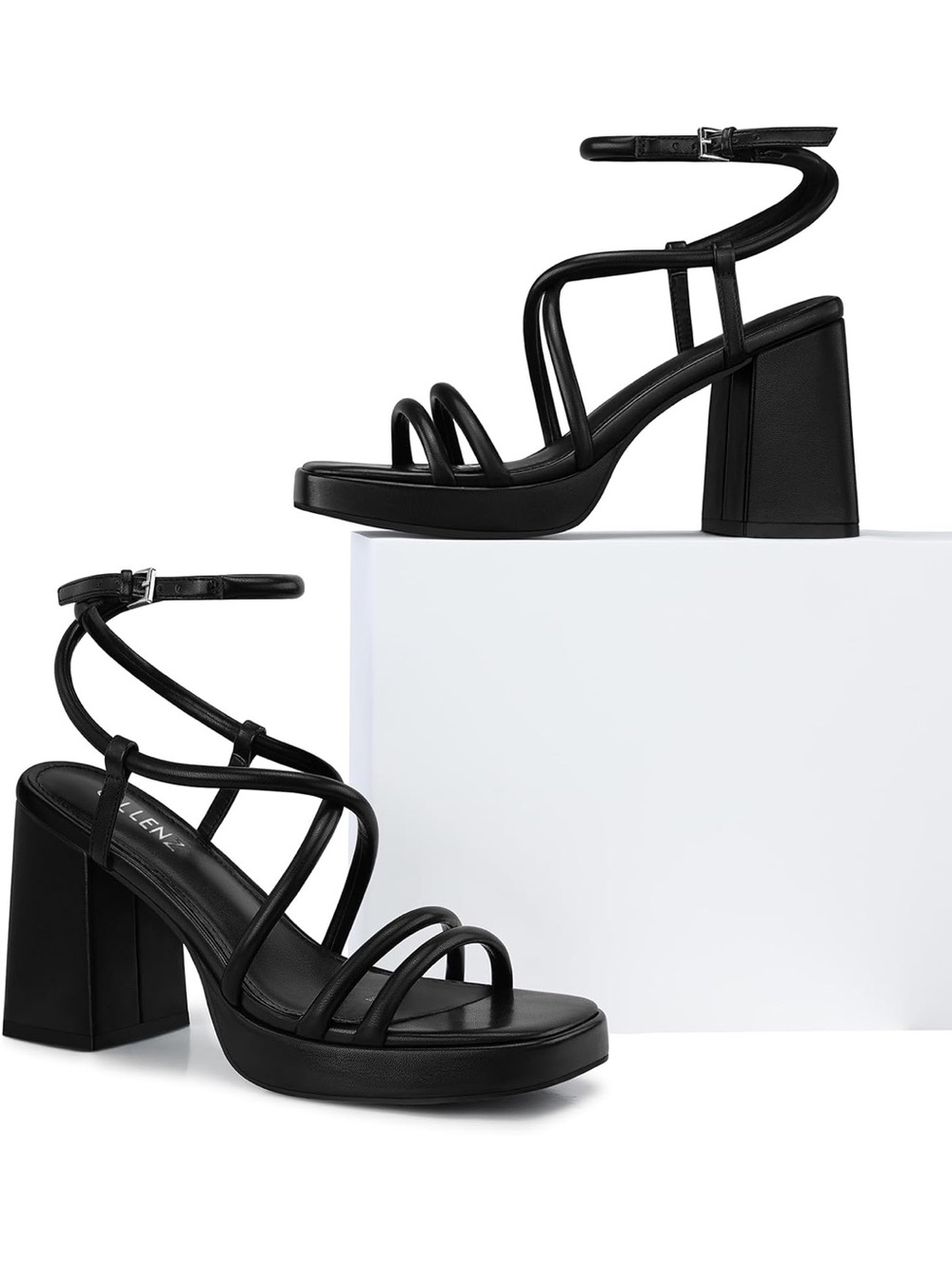 Cellenz Black Strappy Block Heel Sandal with Ankle Wrap - Picture 3 of 4
